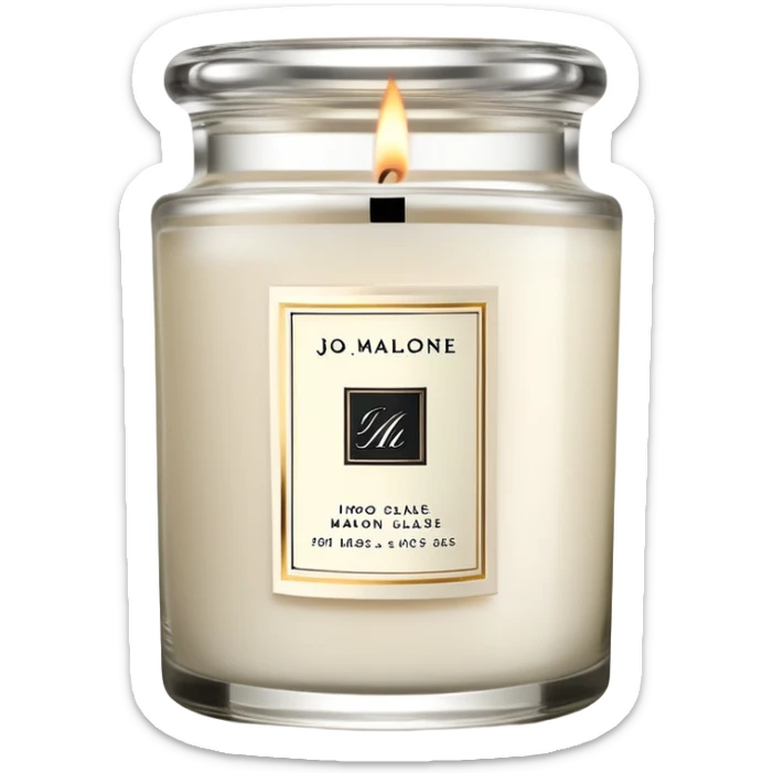 Elegant Jo Malone luxury candle in a clear glass jar with a simple label and a burning flame sticker