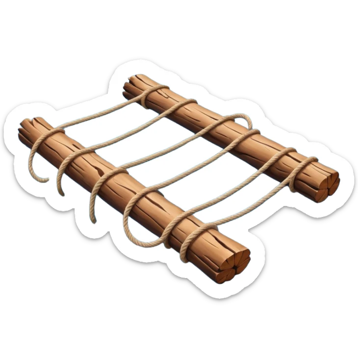 showing a simple wooden raft floating on calm blue water — made of several brown logs tied together with rope — gentle ripples around it — bright, cheerful lighting and soft shadows — minimalist, clean emoji design sticker