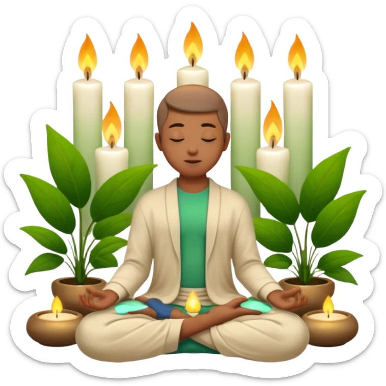 A serene self-care scene with a person meditating, surrounded by candles and plants sticker