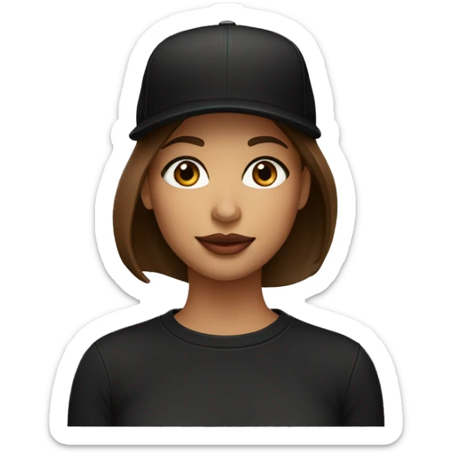 Beautiful woman wearing a black cap and black sweatshirt, big lips, brown straight hair.  sticker