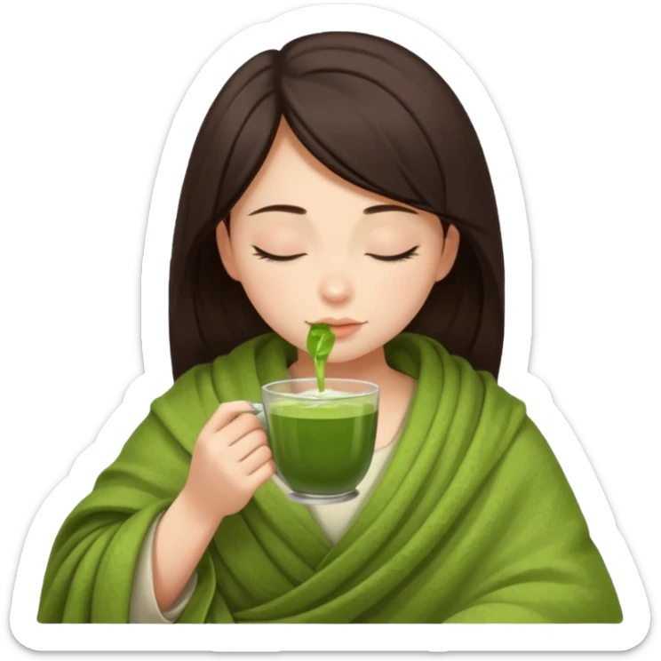 Dark brown hair girl inside a blanket sipping matcha eyes closed sticker