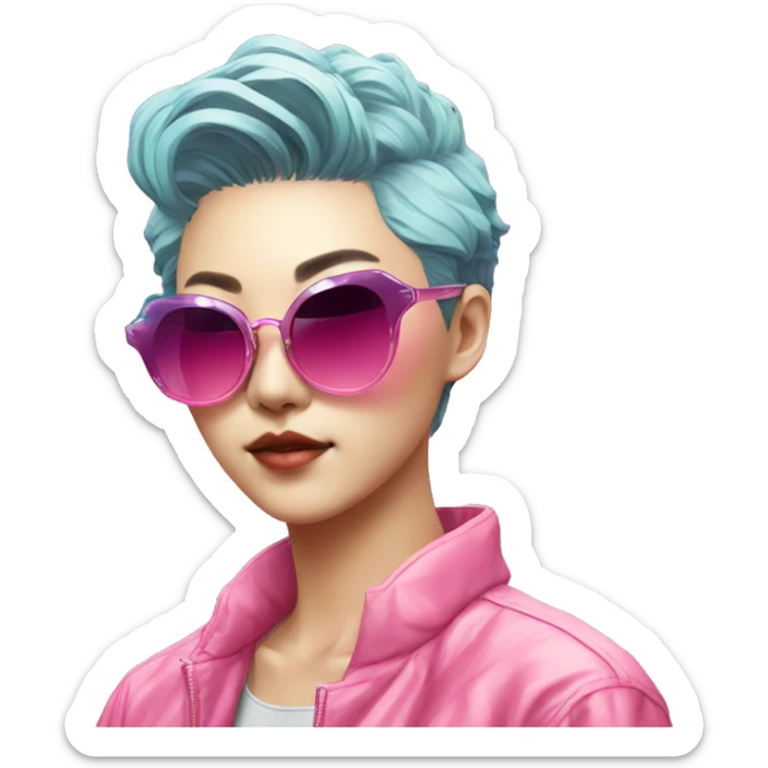 a short-haired Taiwanese lesbian with vaporwave style, sunglasses with vaporwave image on it. sticker