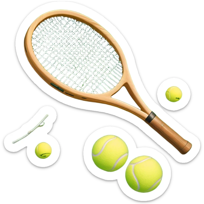 A detailed tennis racket resting on lush green grass beside a bright yellow tennis ball. The scene captures the essence of classic lawn tennis, with a crisp and clean background emphasizing the elegance and tradition of the sport sticker