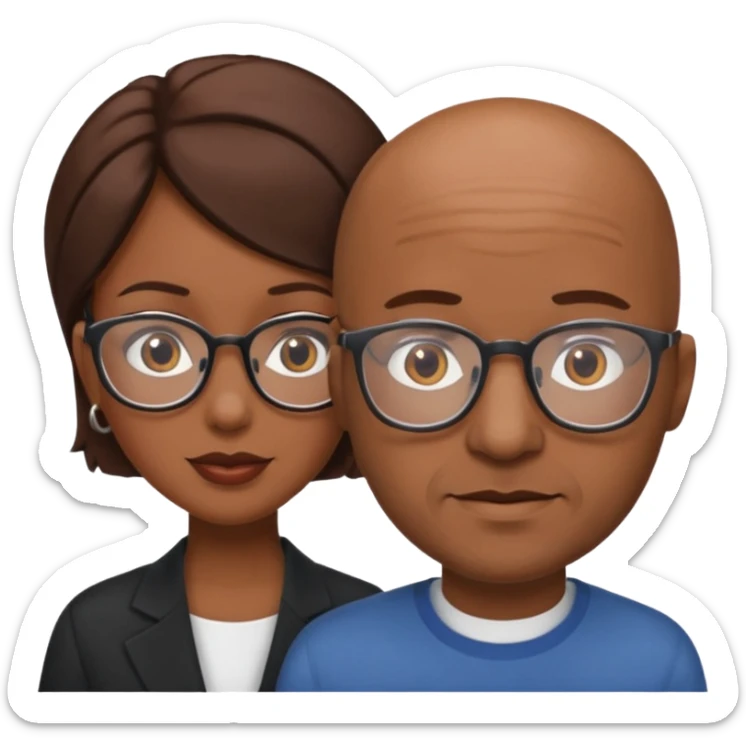 Brown woman with brown hair and bald man with glasses sticker