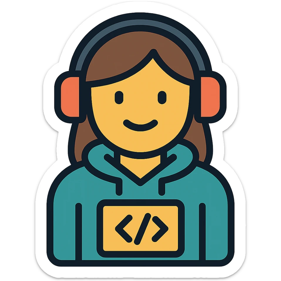 Show the smart coder as a female wearing a hoodie and headphones, in a minimalist flat style with no background. sticker