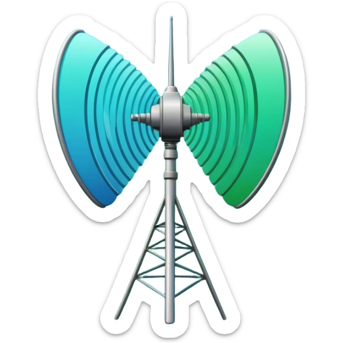 Minimalist emoji-style sticker of an old-school antenna with distorted, glitched signal waves. Clean icon style. sticker