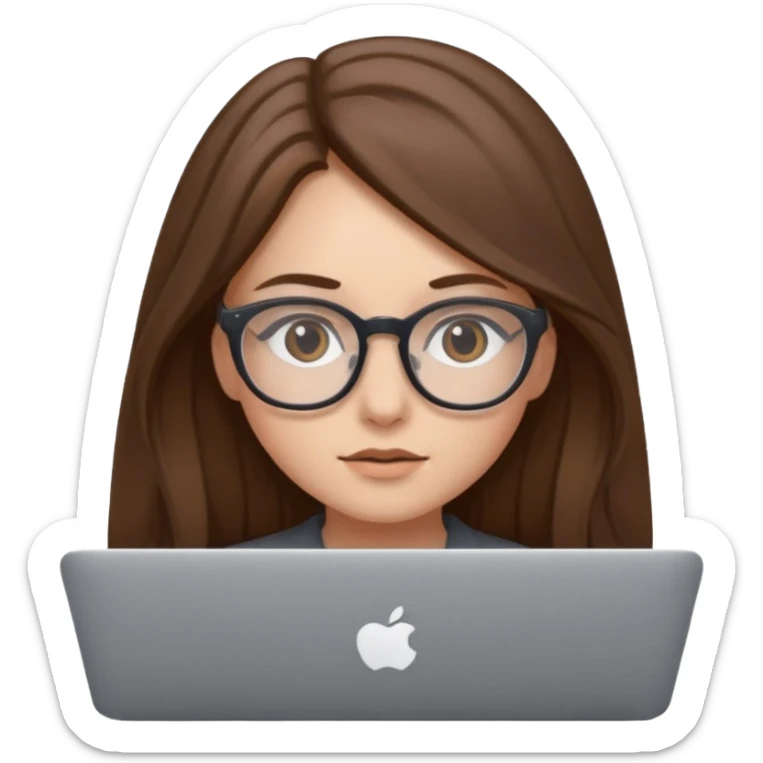 Girl in glasses,brown long hair,with gray MacBook sticker