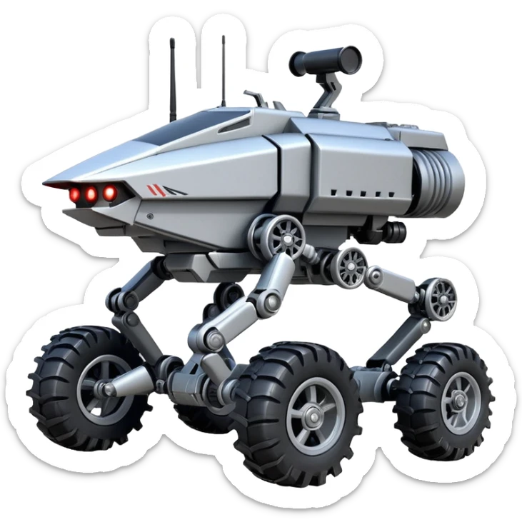 unstoppable accurate 8-wheel armored canine sporty self-balancing army massive mech trail vehicle shooting forward side-hill leaning actively robotically articulating hydraulic independent suspended pod gimbal enemy mech off-road racing rover with large fast engine RC basher crawler megatron  sticker