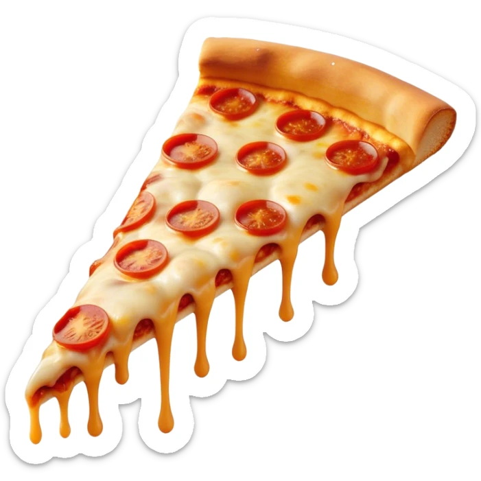 Cinematic cheesy pizza slice, gooey melted cheese stretching as a bite is taken, crispy golden crust, rich tomato sauce, vibrant toppings, warm glowing background, inviting and delicious. sticker