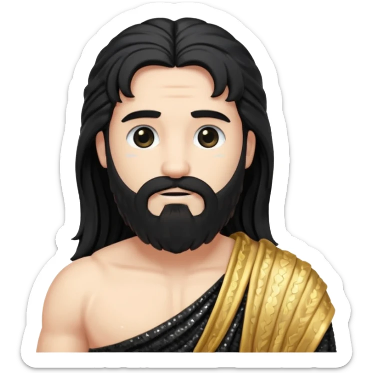 Pluto from Roman Deities with long black hair and beard , black sequin toga sticker