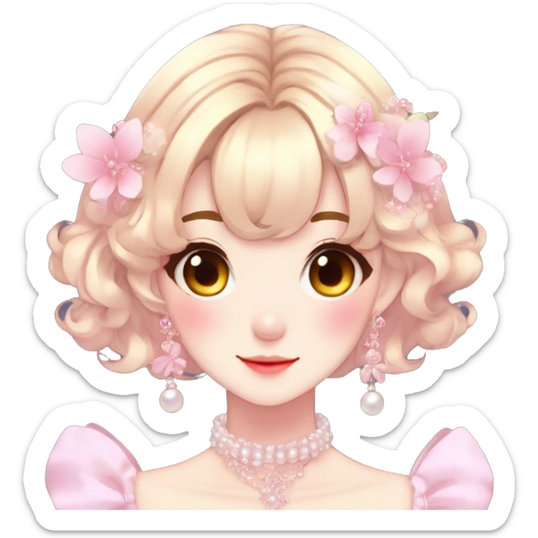 Gorgeous anime style lady with blushing face and accessories cottagecore fairycore Kawaii anime colorful pearly romantic aesthetic trending style sticker
