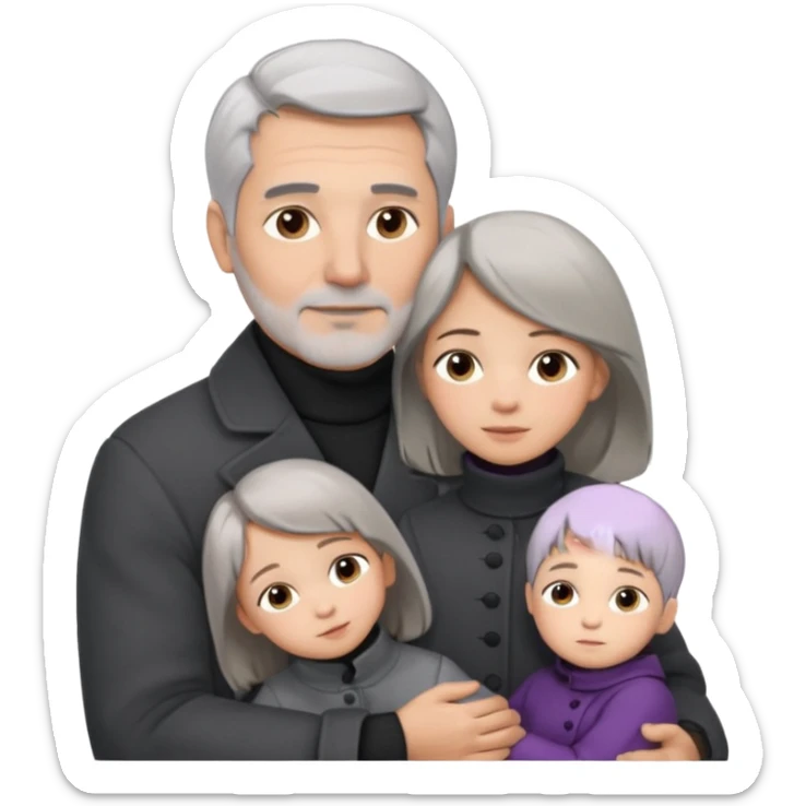 A father with silver-grey hair styled neatly and a clean-shaven face, wearing a dark turtleneck and wool coat, holding his girl child gently. The child has light brown hair and a soft white dress. Warm cinematic lighting, emotional close-up. sticker