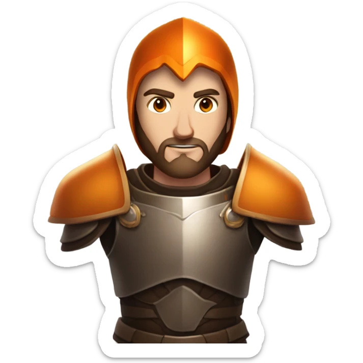 Confident White Man with dark brown hair and a short beard wearing large orange plate armor and eyes made out of orange light sticker