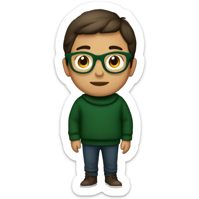 winter, christmas, young boy, short  brown hair, brown eyes, hispanic, dark green sweater, full body, green glasses sticker