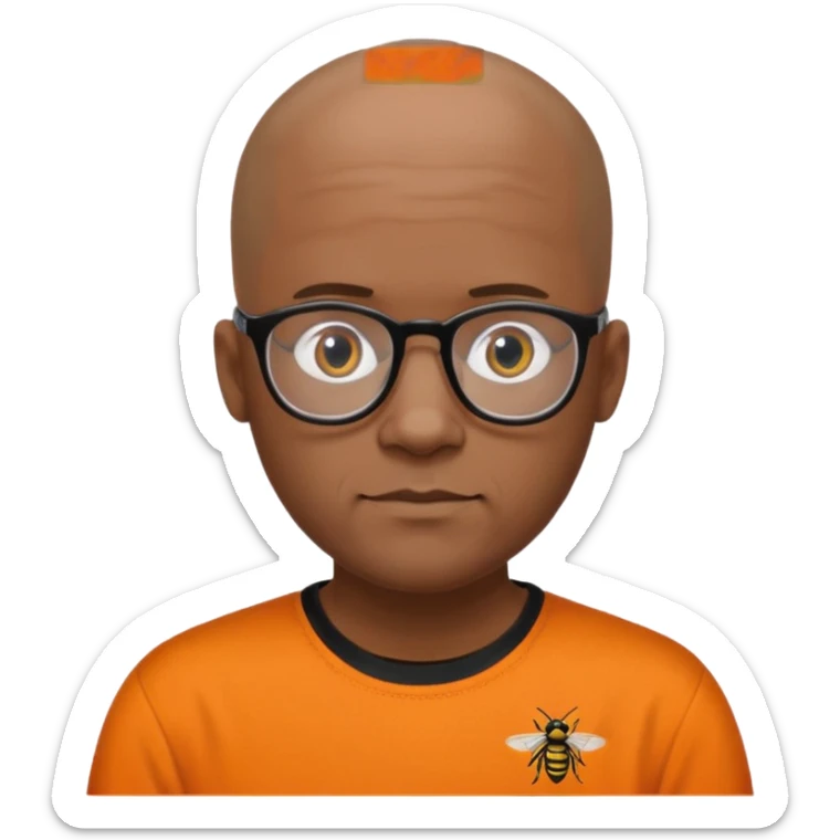 Derek, medium brown Black male, bald with black rimmed glasses, wearing an orange shirt with hornets written on the front in black with white trim sticker