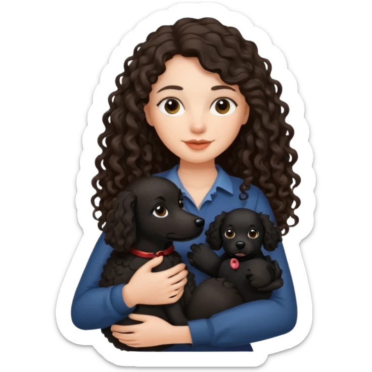 A brunette long haired a lil bit curly hair holding a black dog sticker