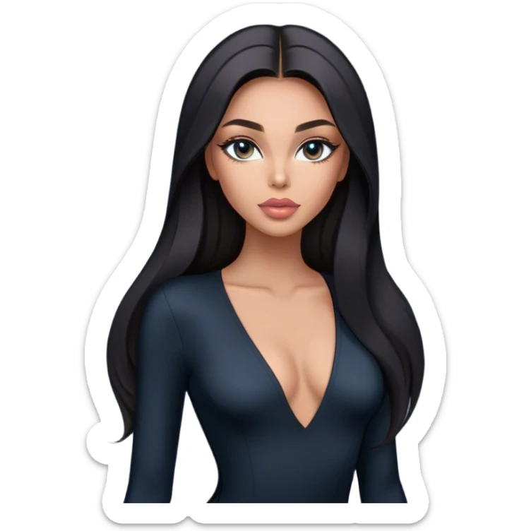 Glamours, tanned, very beautiful girl, with big pump peach-beige-rose lips, long long lashes, black straight smooth silky long hair, straight parting hair, blue-grey eyes in black long-sleeves v-neck bodysuit sticker