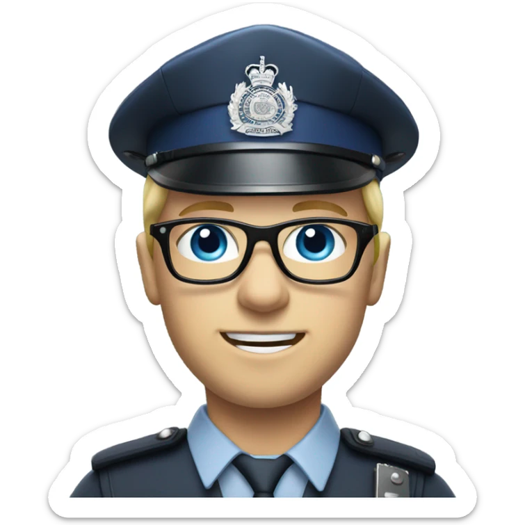 British policeman with blue eyes and helmet and blonde and glasses hair sticker