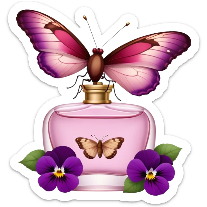 A butterfly with striking Tyrian Purple and Jasper Red wings delicately lands on a Rosewater Pink perfume bottle. Misty Rose pansies bloom softly around, creating a dreamy, romantic scene." sticker