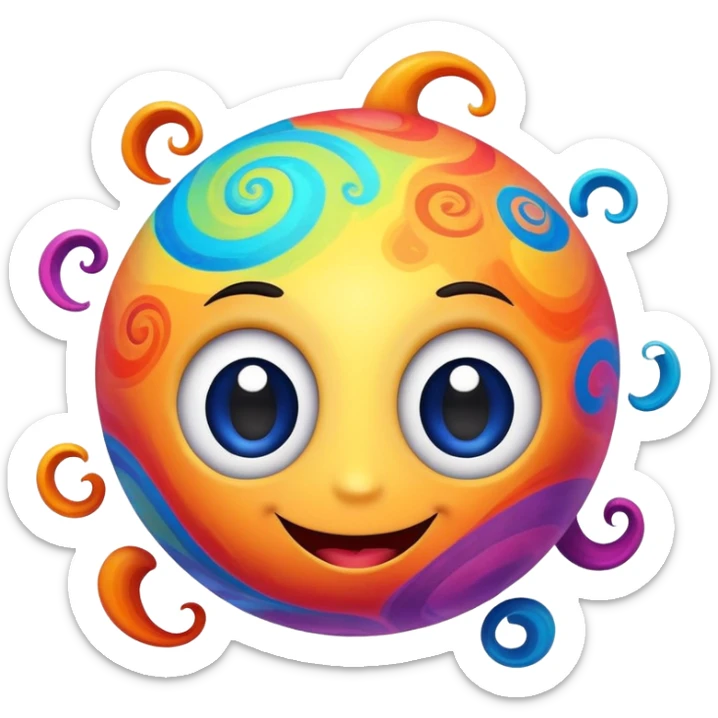multicolored planet with swirls of bright colors and a happy smiling face with big eyes sticker