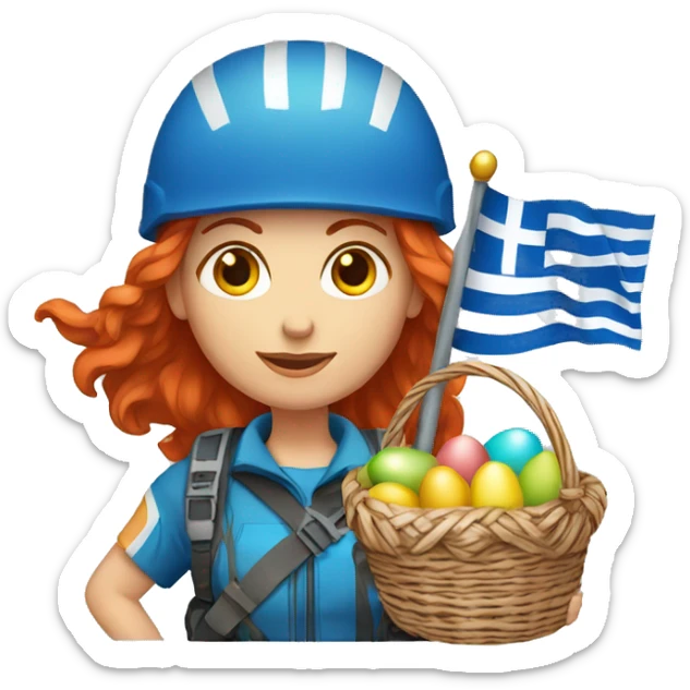 Female mountain climber red hair with Greek flag and holding Easter eggs basket sticker
