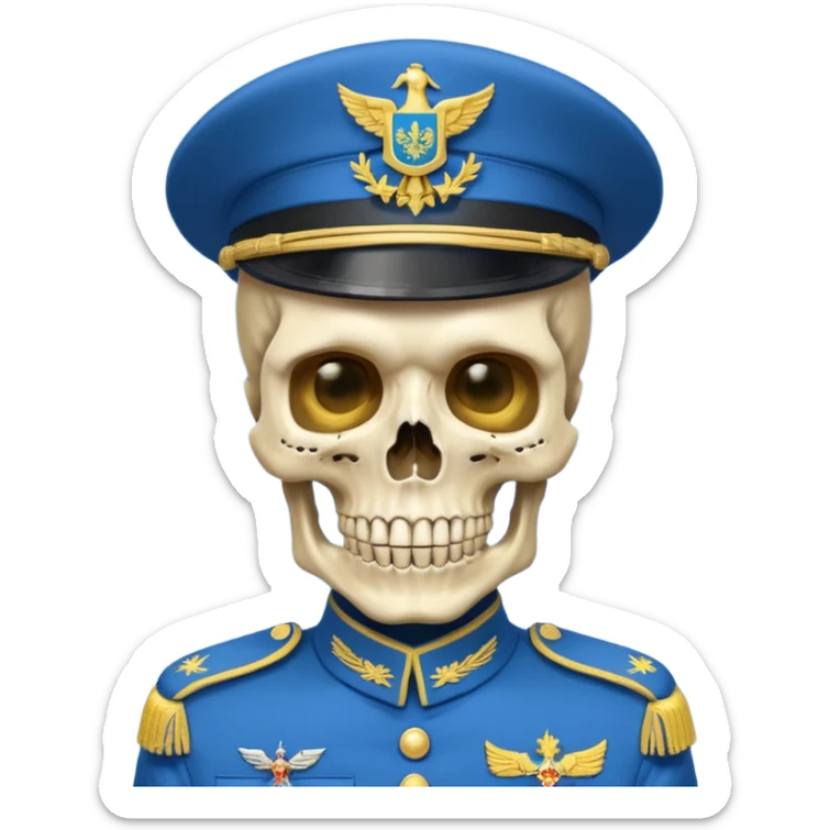 generate a very realistic skeleton in Ukrainian blue and yellow military uniform sticker
