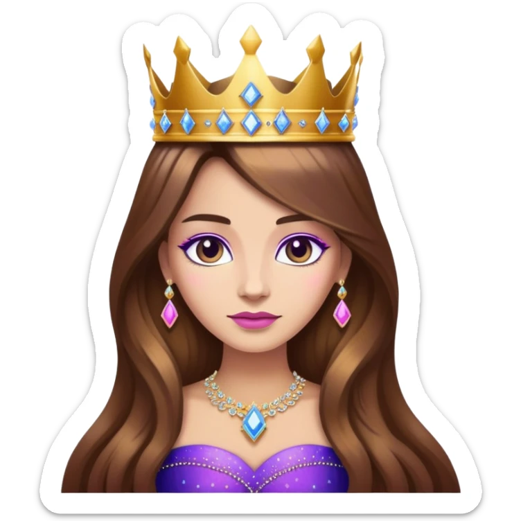 Queen, brown long hair, big golden crown encrusted with diamonds from blue to purple to pink, black dress sticker