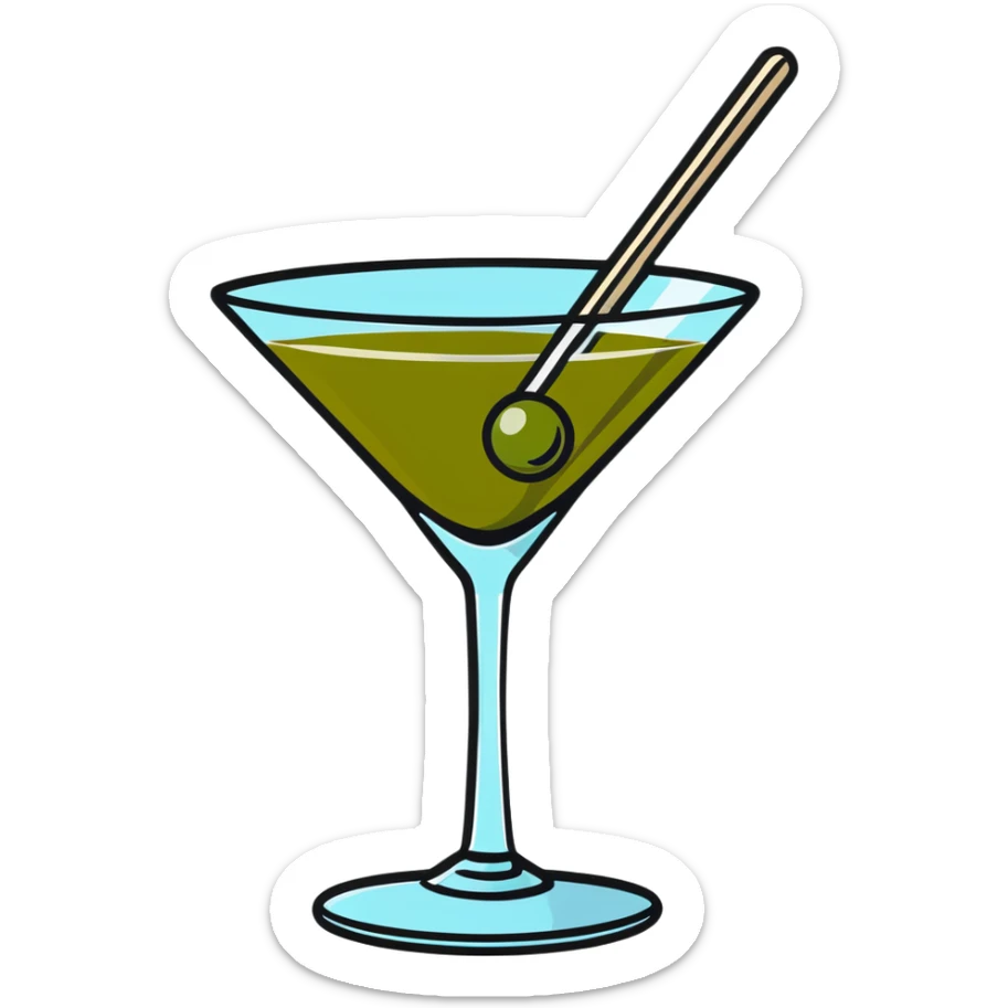 martini glass with crystal clear transparent liquid and an olive at the bottom skewered by a toothpick sticker
