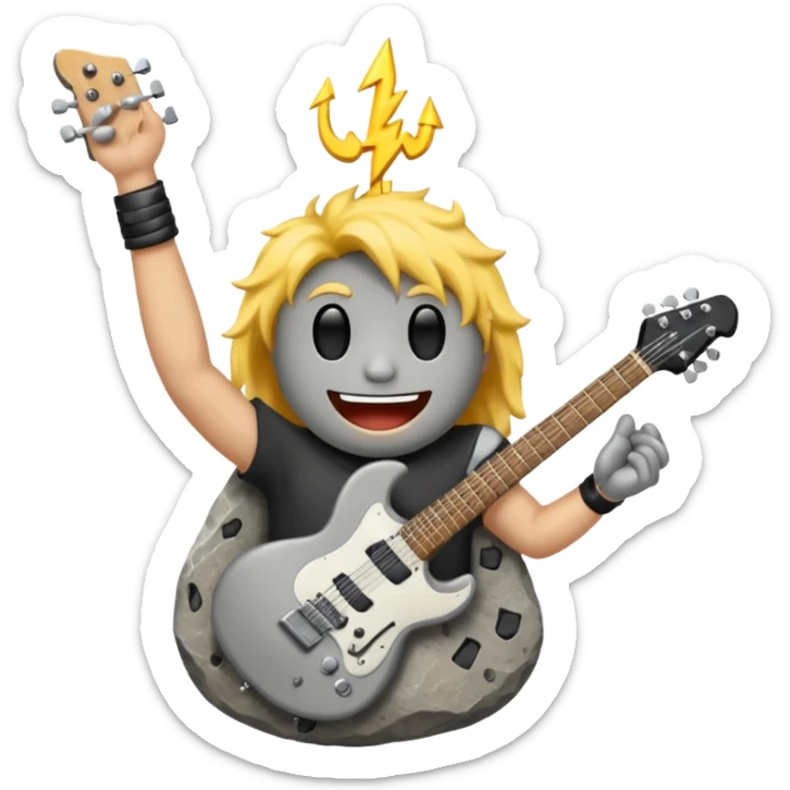 a rock with a happy face that is holding up a rock and roll hand and an electric guitar sticker