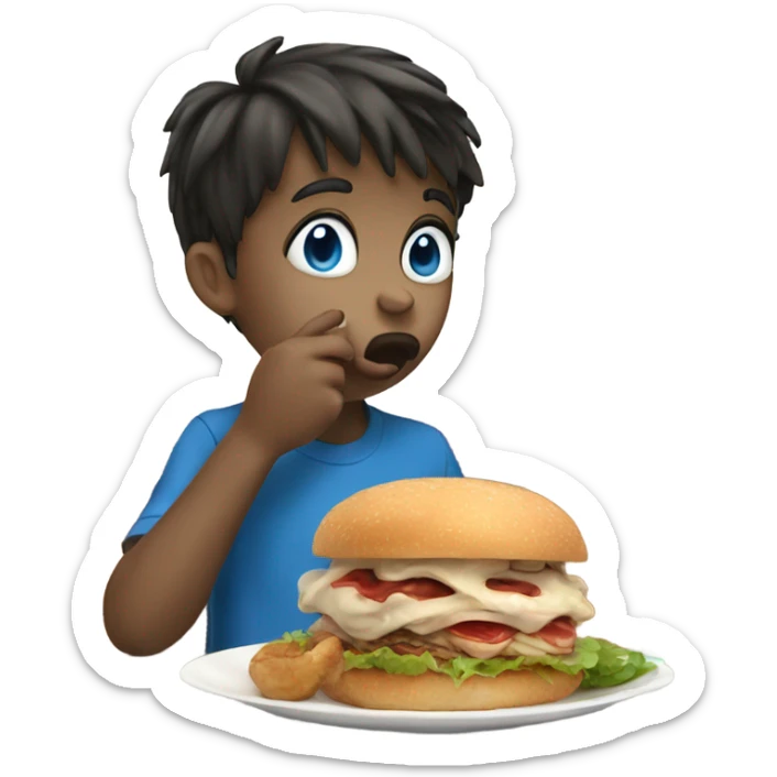 boy licking food with blue eyes. His hand is signing to stop  sticker