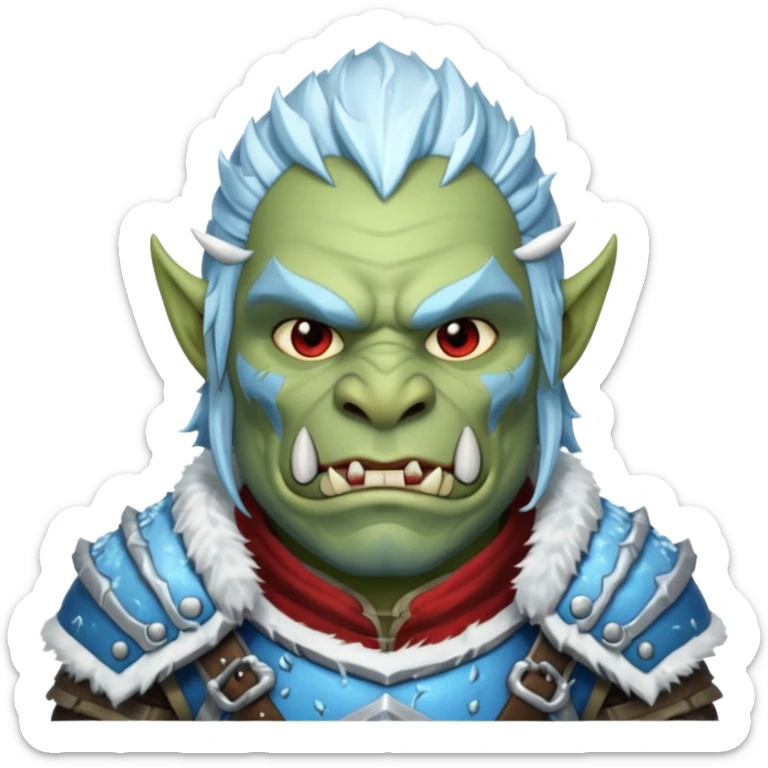 Fantasy Christmas orc portrait icon, frost clan warrior style, winter fur armor, icy details, strong brutal face, snowy battlefield mood, clean emoji style, male/female variant sticker