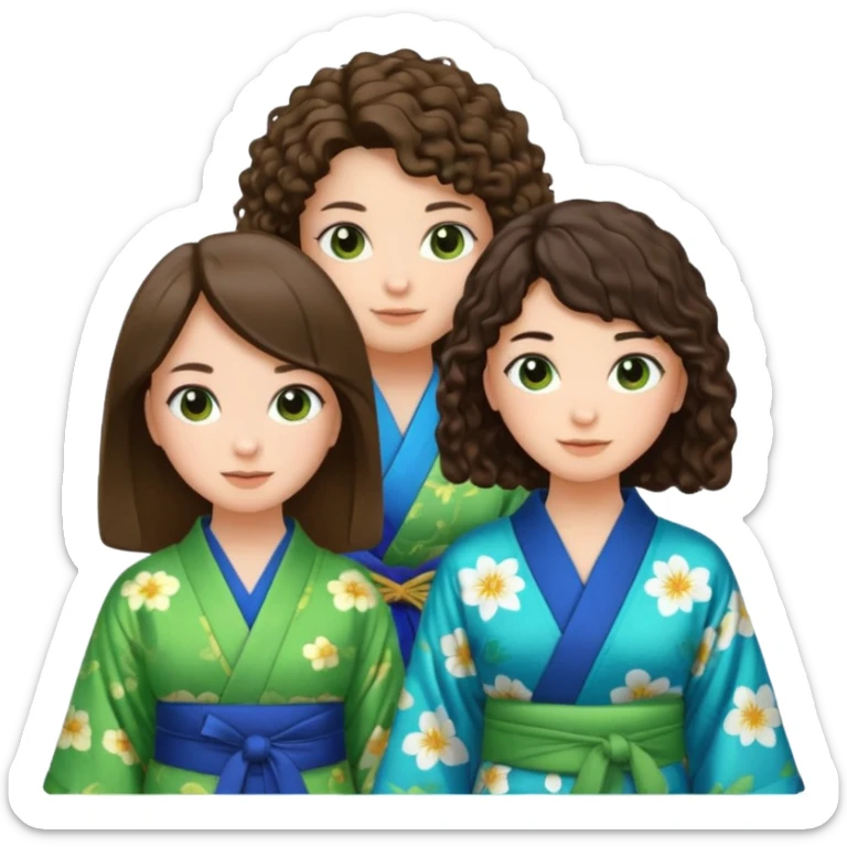 Two girls eating, one brunette with straight hair and another brunette with curly hair, emoji style, first girl has a blue kimono and the second girl has a green kimono sticker