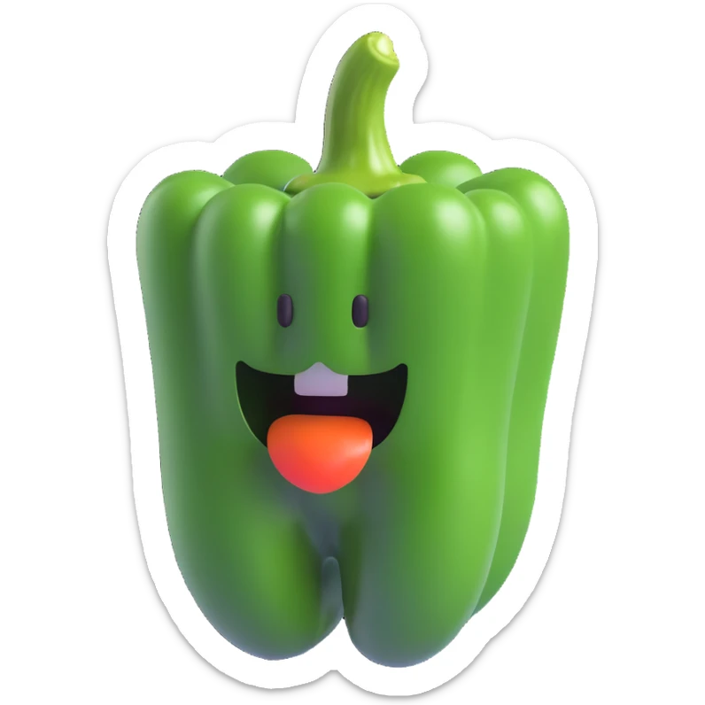 Create a 3D emoji style image of a green bell pepper (paprika) without any facial features such as eyes, nose, or mouth. The vegetable should look natural and realistic. Background should be transparent (no background). sticker