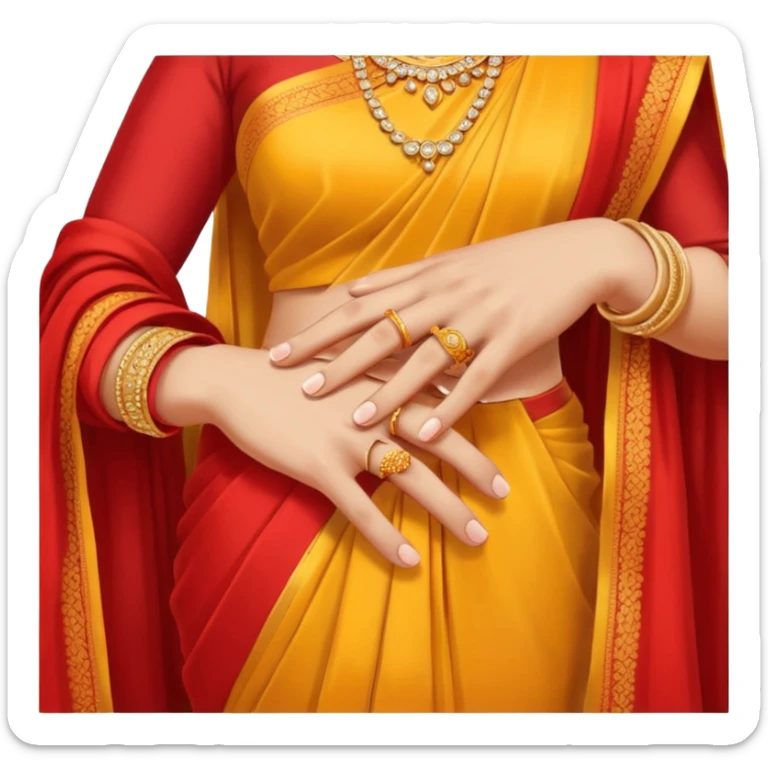 Two hands in a engagement..One hand of groom and one hand of bride. Bride hand - red/yellow saree. groom- light orange punjabi (oonly hands will be visible in the image). Groom's hand is holding a ring and bride's hand will be wearing the ring.*ONLY HANDS WILL BE VISIBLE IN THE IMAGE* sticker