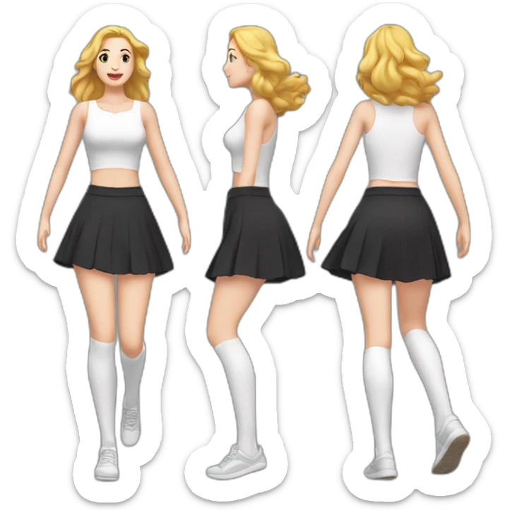 full-body-caucasian-curvy-beauty-jumping-short-black-skirt-back-and-front-views-strong-wind-knickers-long-white-socks sticker