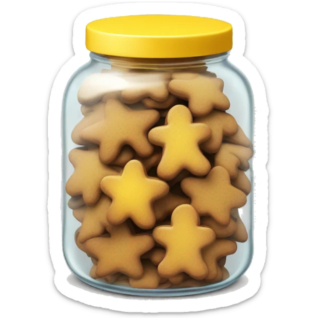Realistic glass cookie jar yellow lid full of gingerbread cookies isolated.  sticker