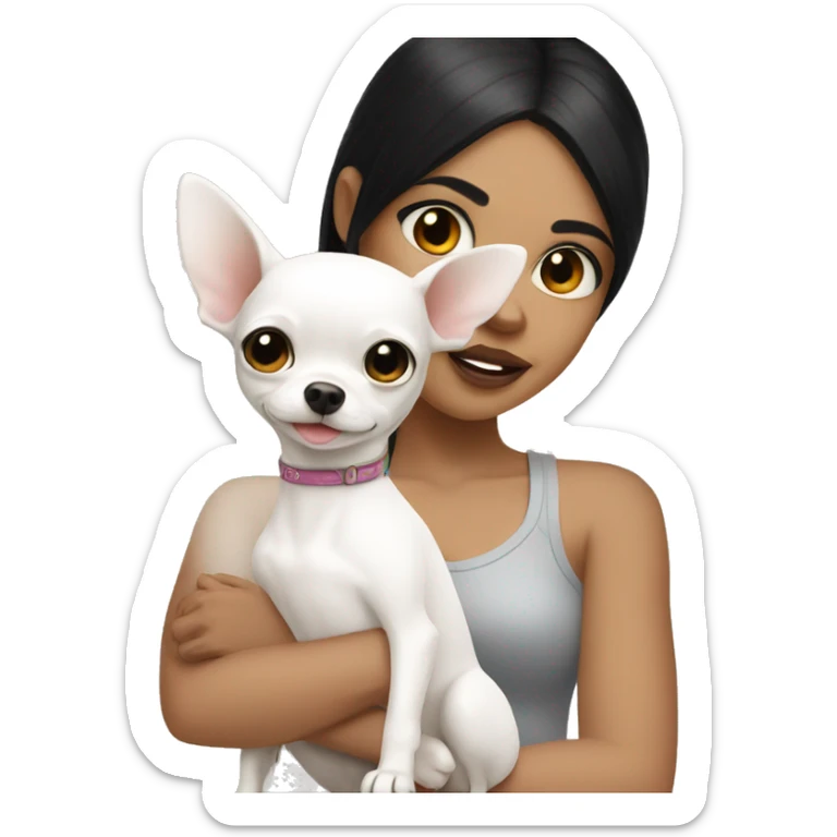 girls with black hair holding her white chihuahua  sticker