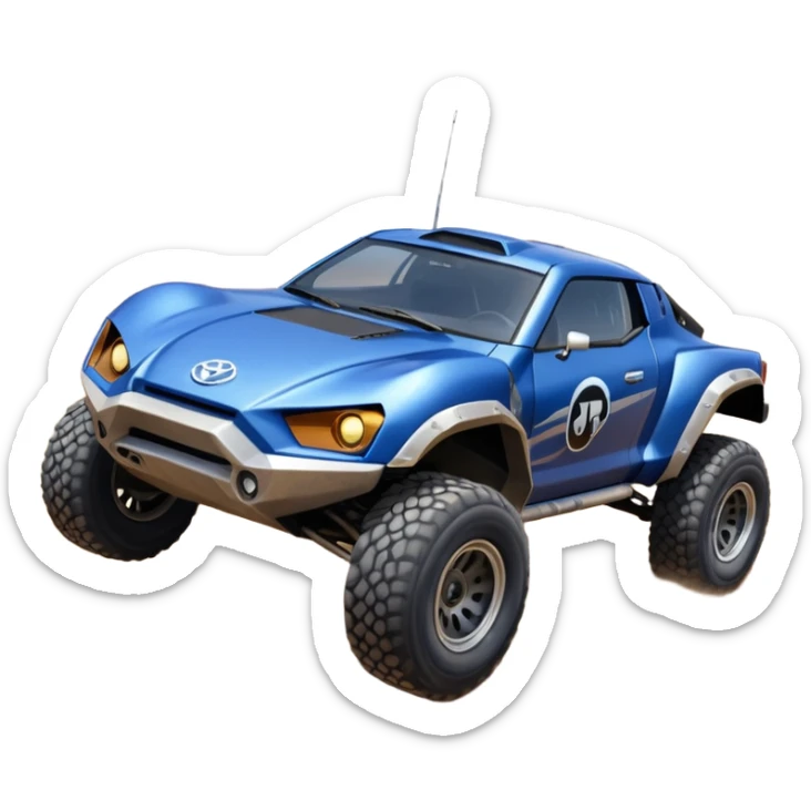 Mandalorian evil darkly night blue Dirty and dented Local Motors Rally Fighter off road race car hot rod meets 2013 Toyota 86 trophy truck-style basher flying on a dusty road (silver wheels) sticker