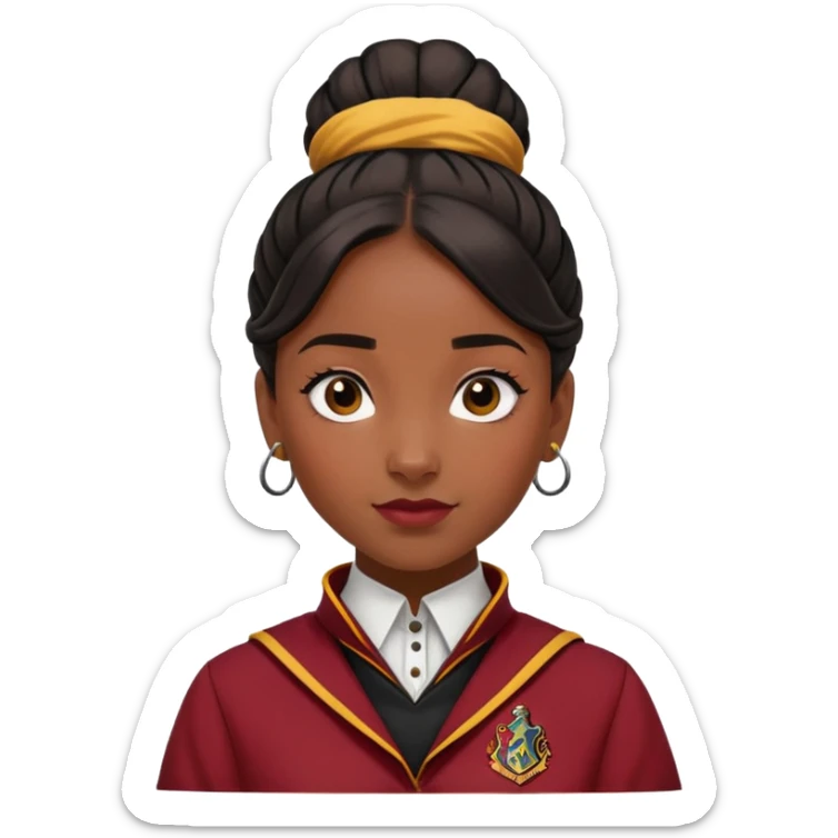 Leilah Sutherland is alicia spinnet in harry potter, wear hogwarts gryfindor uniform, black knot bun hair, black skin sticker