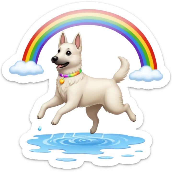 White belgian Shepard jumping over Rain puddles. There is a rainbow in the sky sticker