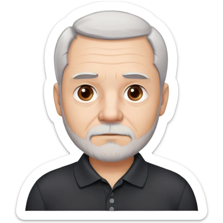 Charismatic older man in his late 50s with light skin, round face with wide features, expressive dark brown eyes, thick slightly arched eyebrows, short white-gray hair with receding hairline, gray scruff beard, neutral-serious expression, wearing black polo shirt sticker