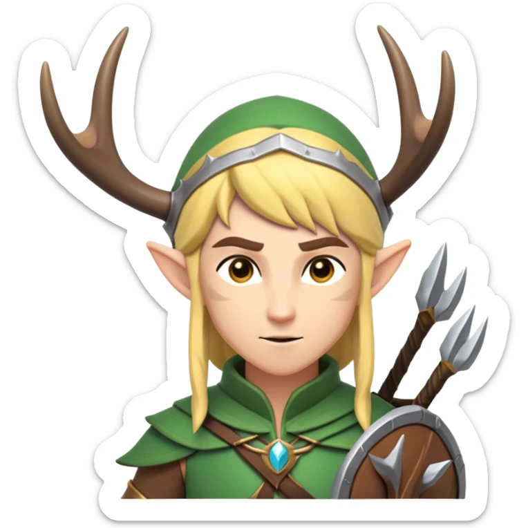 clash-of-clans-aesthetic-focused-elf-archer-portrait-emoji, rendered in a flat, vector-style similar to standard emojis with minimal shading and bold, simplified shapes, head tilted slightly forward with a determined, focused expression, riding a majestic stag with antlers glowing faintly with mystical energy. sticker