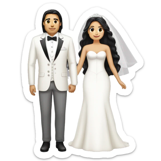 Chubby bride with long hair and tan groom with white suit and black hair sticker