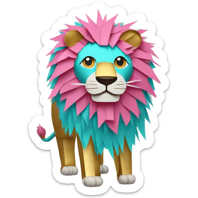 lion made of colourful cyan pink gold piñata paper strips sticker
