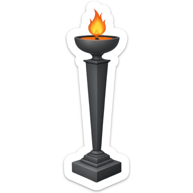 A minimalist ceremonial torch with a shallow black bowl on top holding bright flames. The bowl is supported by a tall, rectangular gray pedestal with clean, smooth surfaces and sharp edges. sticker