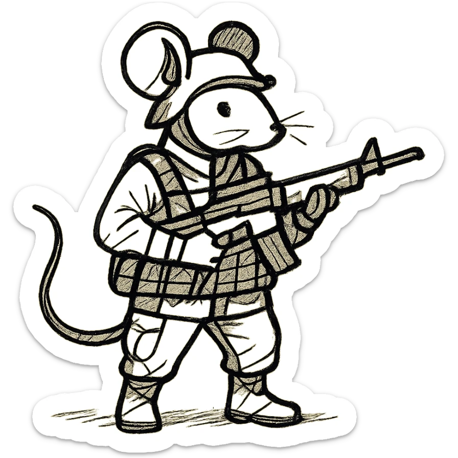 mouse soldier in full military gear, holding an assault rifle, hand-drawn sketch style sticker