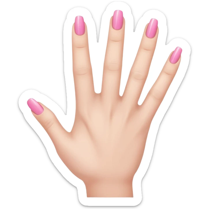  pink  close-up of a human hand with exactly five fingers, beautifully manicured nails, glossy pink nail polish, elegant nail shape, soft lighting, realistic style, isolated on transparent background" sticker