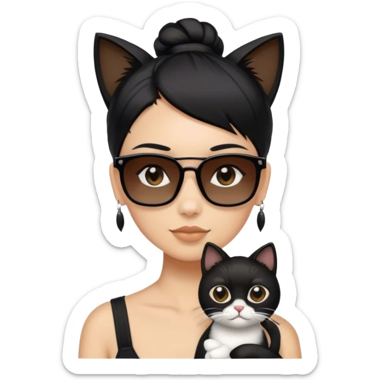 Black hair tied back with strands hanging on the sides, deep brown eyes, wearing square black sunglasses, and holding a cat.” sticker