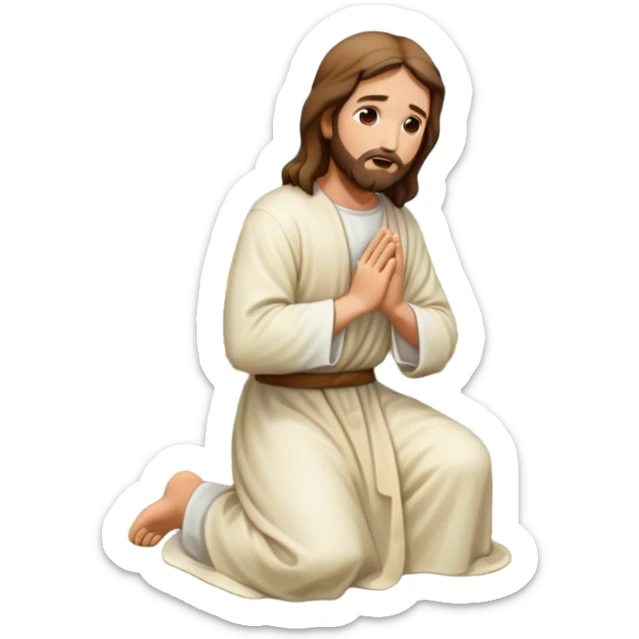 Jesus kneeling to pray in a garden, reverent mood, emoji style sticker