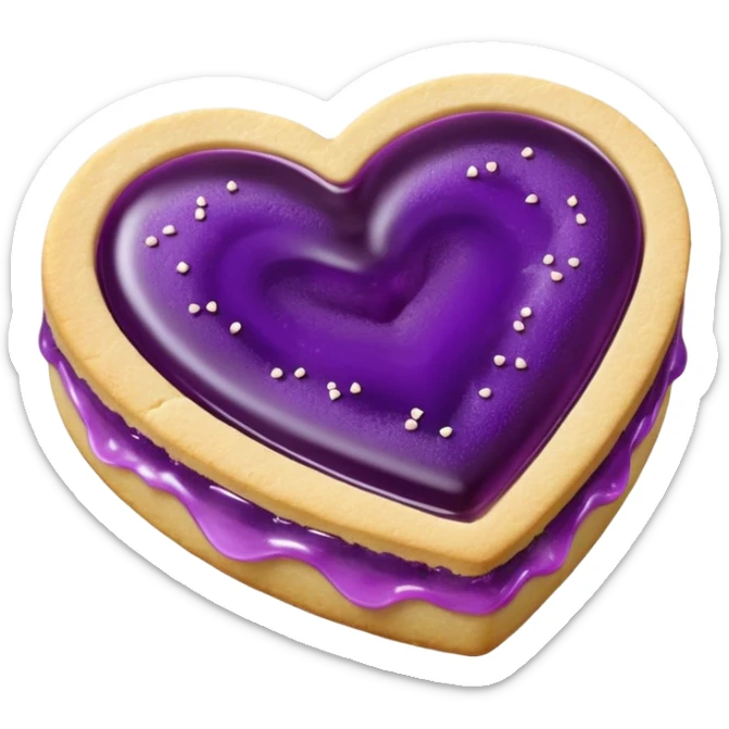 Realistic shortbread cookie in the shape of a heart with violet jelly middle filling and sprinkled powder sugar on top. sticker
